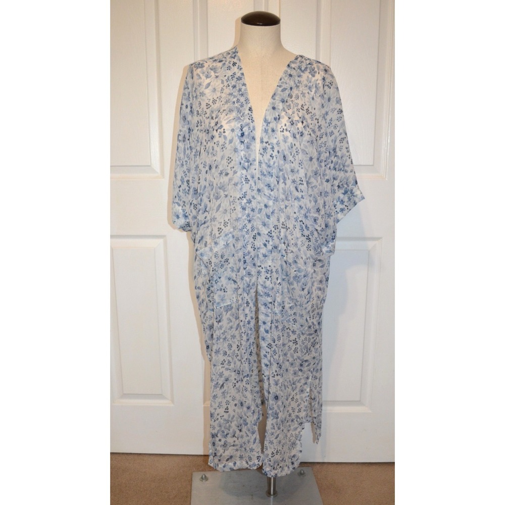 Rachel Zoe Blue Floral Sheer Lightweight Duster Coverup Top Women's One Size